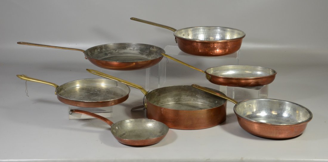 (7) Copper & brass saute & fry pans, largest 12" dia, (1 of 2)