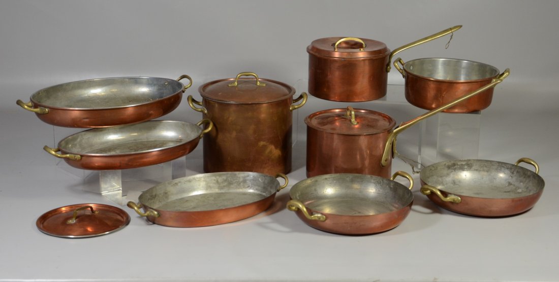 (9) Copper & brass handled pots & pans, largest pot (1 of 1)