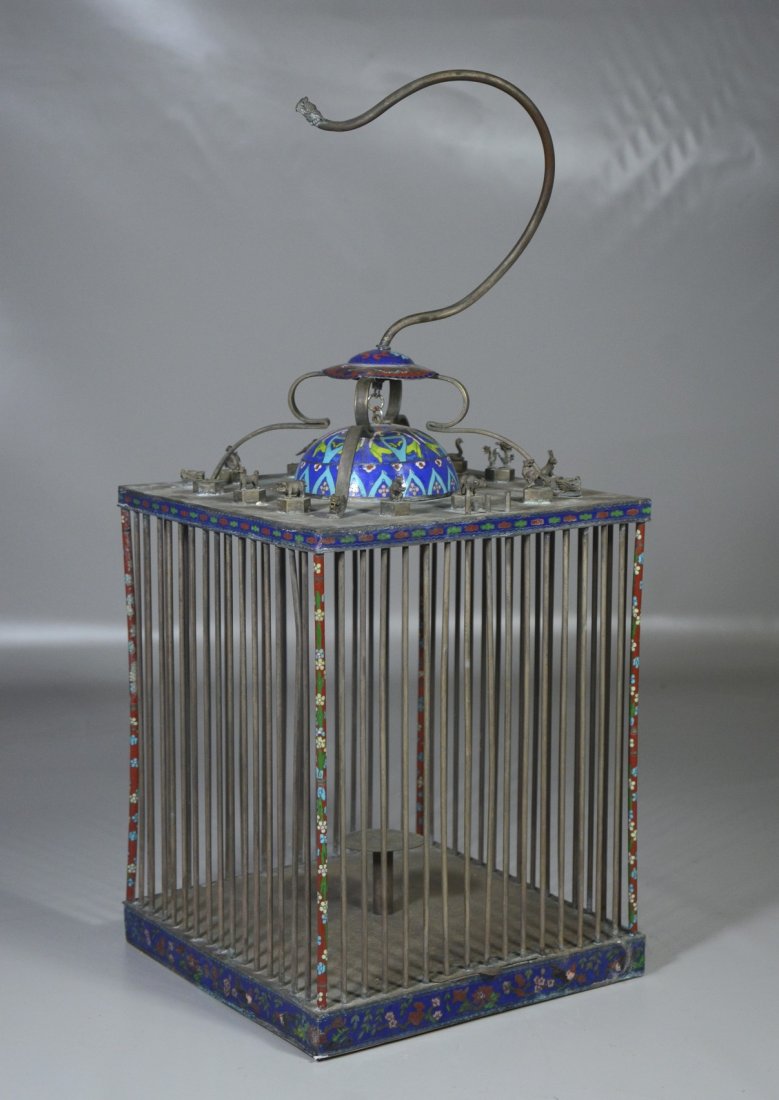 Chinese brass & cloisonne bird cage with miniature (1 of 7)