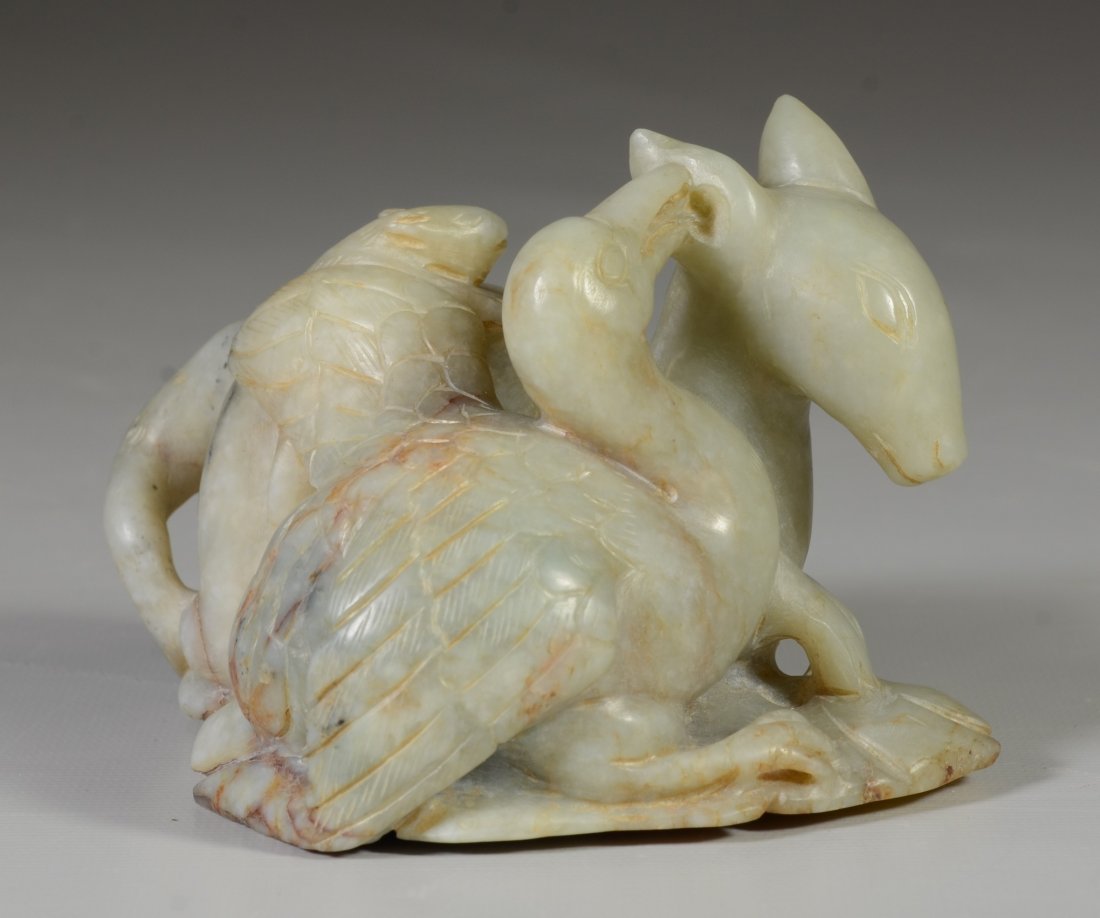 Chinese carved mutton fat jade, deer, duck & lizard,: Chinese carved mutton fat jade, deer, duck & lizard, 2-3/4" h x 4" w