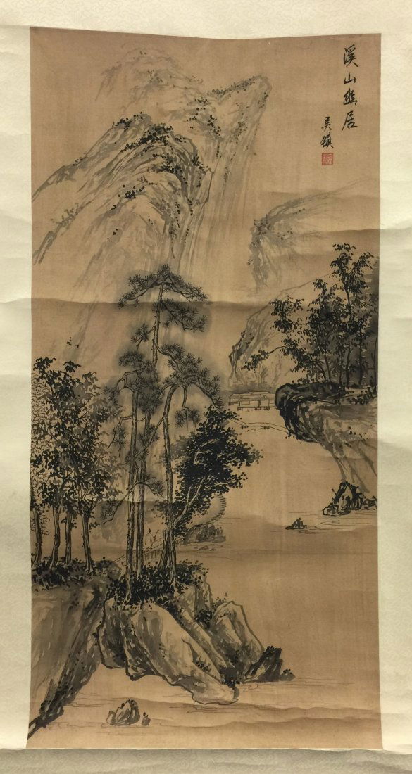 Chinese landscape scroll, calligraphy & seal mark upper (1 of 2)