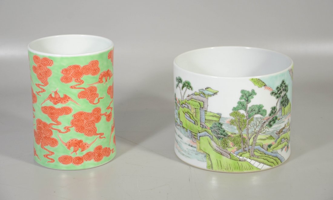 (2) Chinese porcelain brush pots, one decorated with (1 of 6)