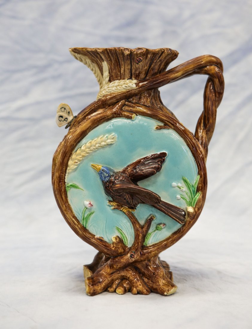 English majolica drum form pitcher with bird & (1 of 4)