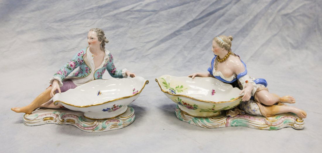 2 Meissen figurines with bowls, 12" l x 7" h, restored (1 of 5)
