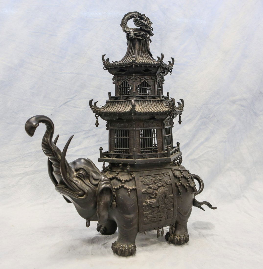 Bronze 3-part pagoda & elephant form incense burner, (1 of 6)