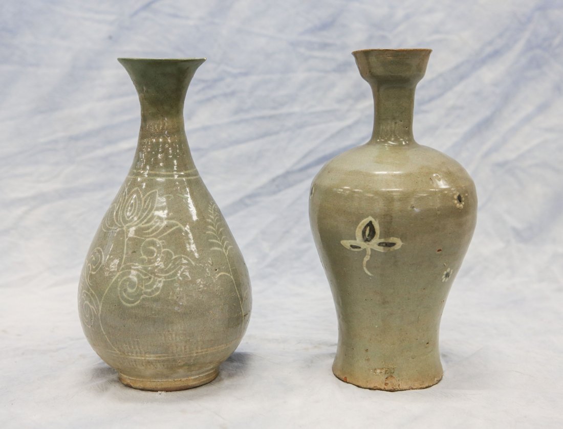 (2) Asian celadon vases, one with brushed floral (1 of 5)