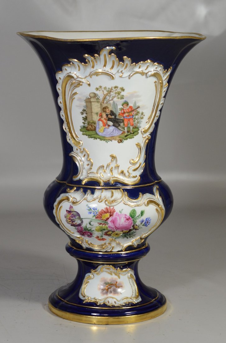 Meissen cobalt porcelain vase w/HP floral decoration in (1 of 8)