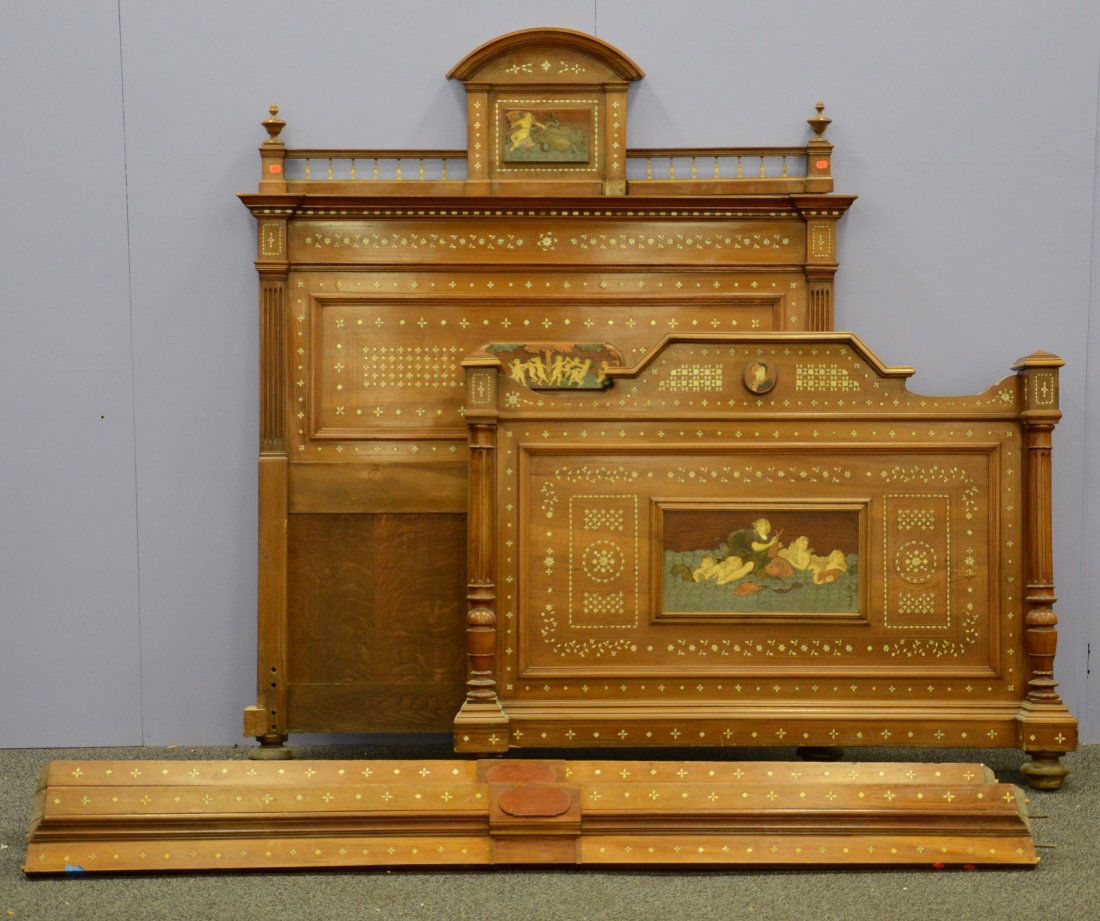 Carved & inlaid Continental bed, geometric inlay all (1 of 3)