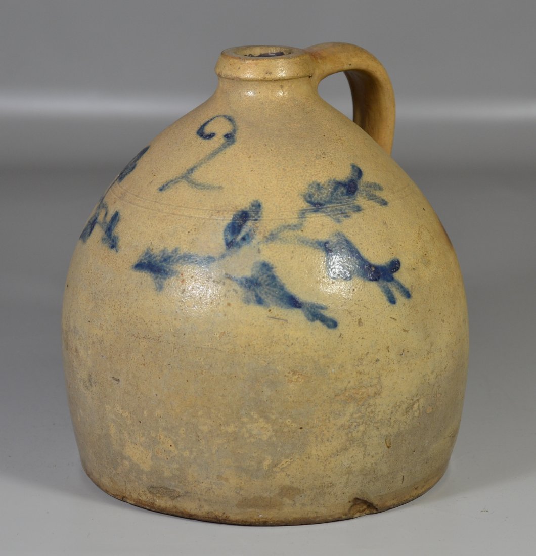 2-Gallon blue decorated stoneware crock, stylized leaf (1 of 3)