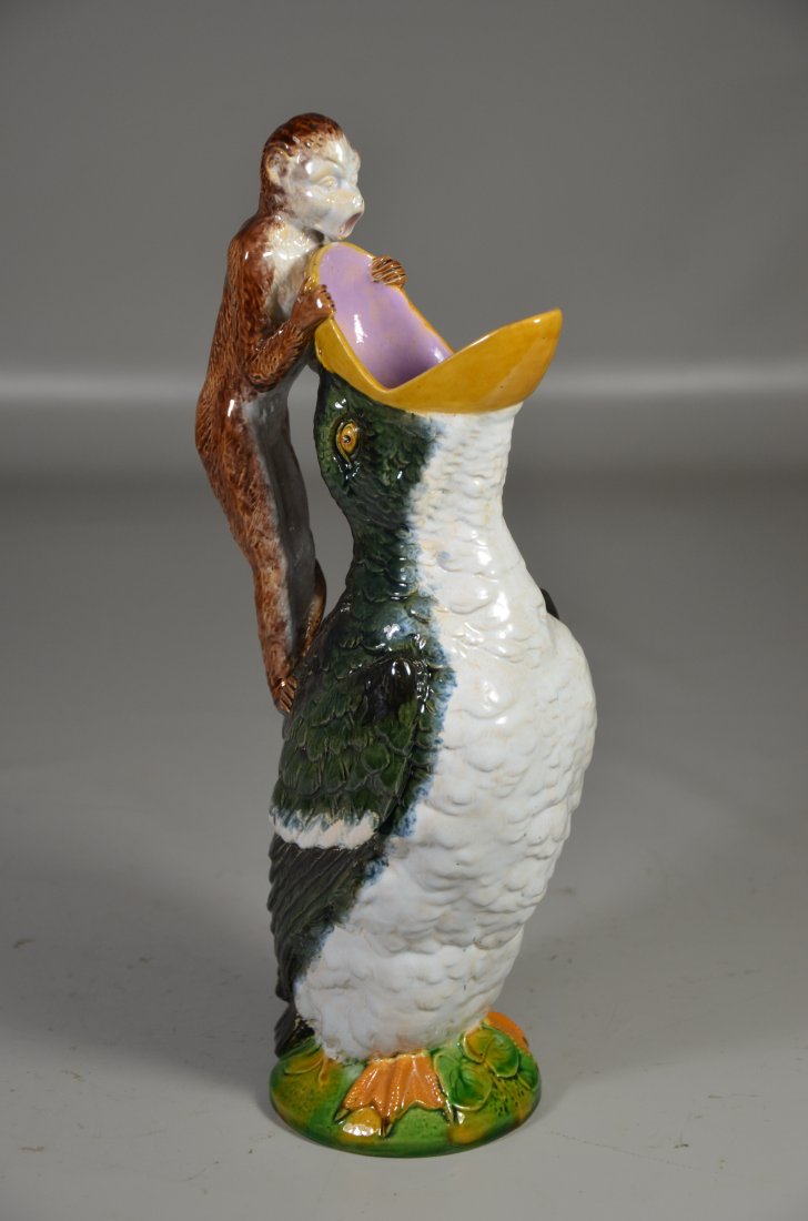 Brownfield Majolica pottery pitcher, monkey with bird, (1 of 4)