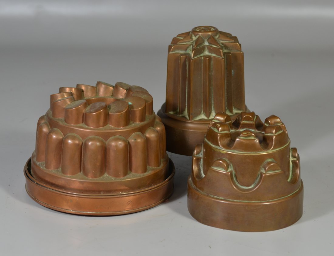 Three (3) copper molds, one with lid, one marked (1 of 3)