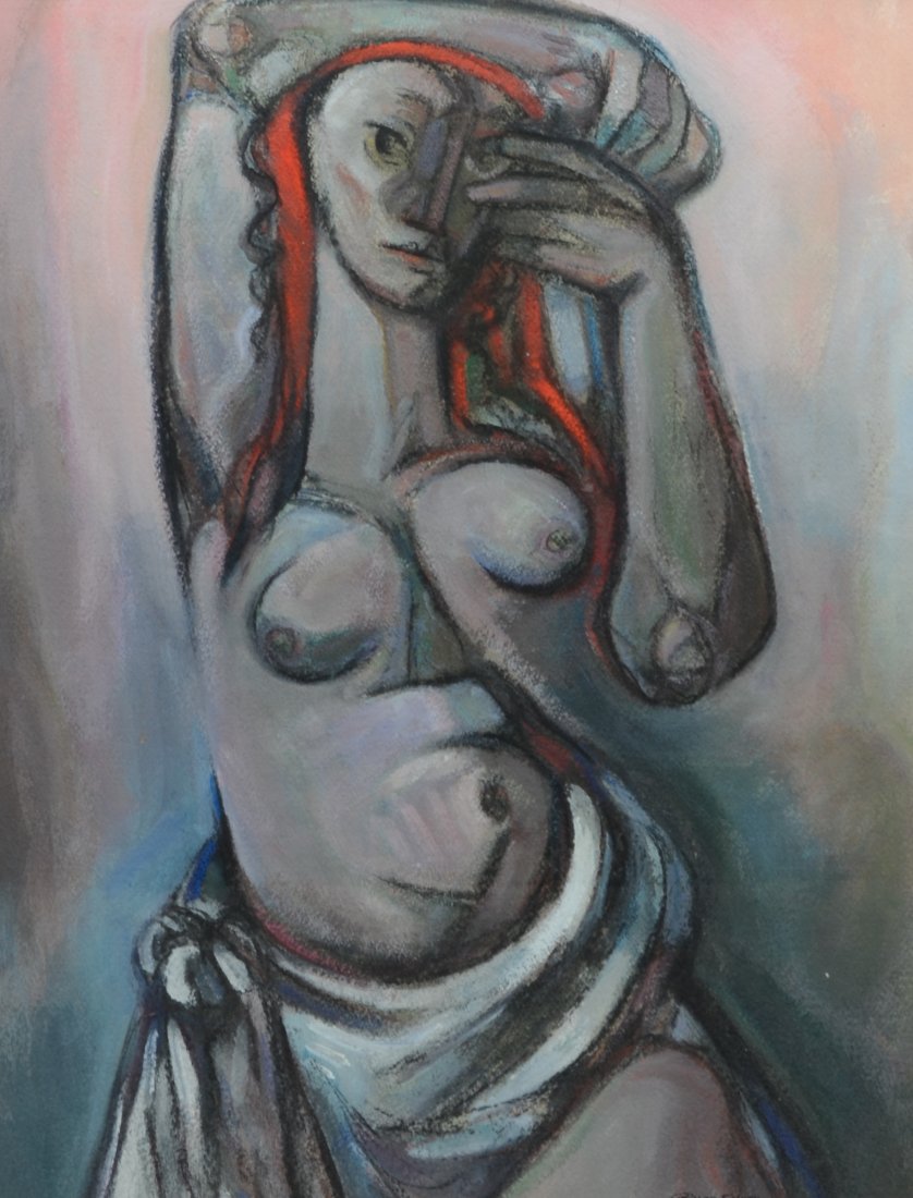 G Ralph Smith (1941 - 2010) gouache painting of a nude: G Ralph Smith (1941 - 2010) gouache painting of a nude "Lady with Red Hair", signed lower right, gouache mixed media, measures 26" x 20" in a 37 3/4" x 31 3/4" frame