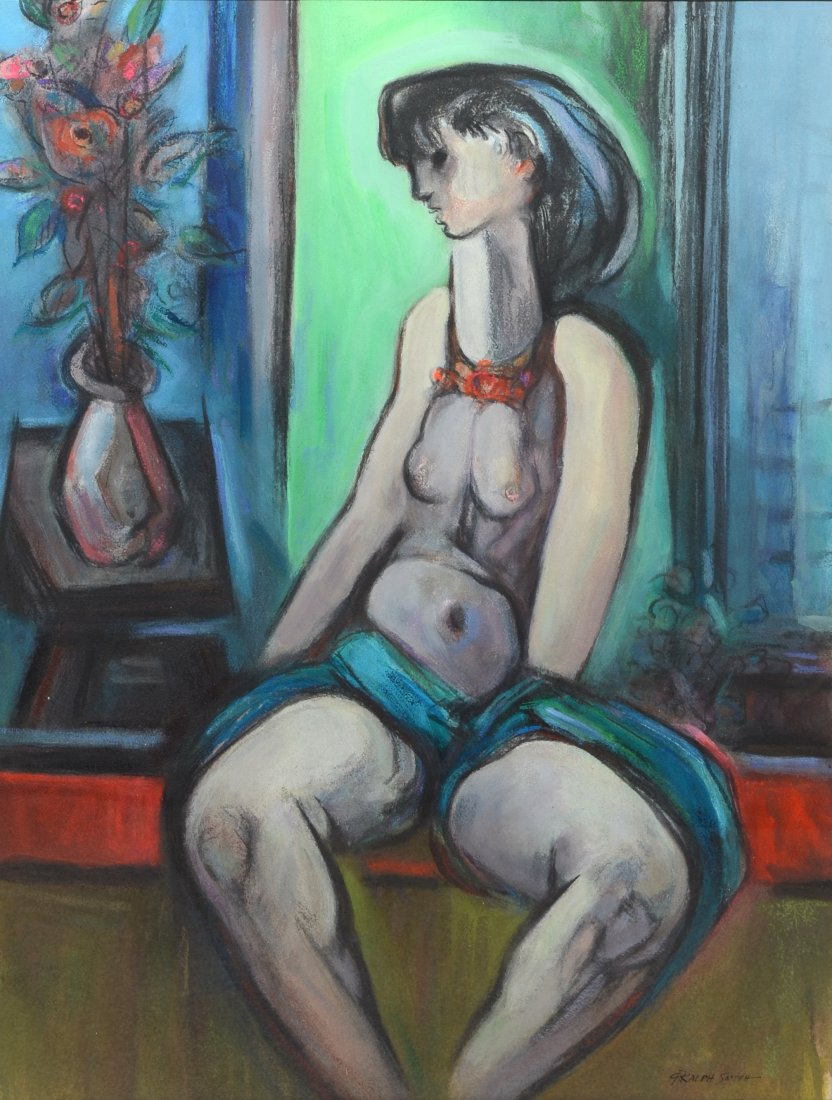 G Ralph Smith (1941 - 2010) gouache painting of female: G Ralph Smith (1941 - 2010) gouache painting of female nude "Repose", signed lower right, gouache mixed media, measures 27 3/4" x 21 1/4" sight in a 35 3/4" x 29" frame