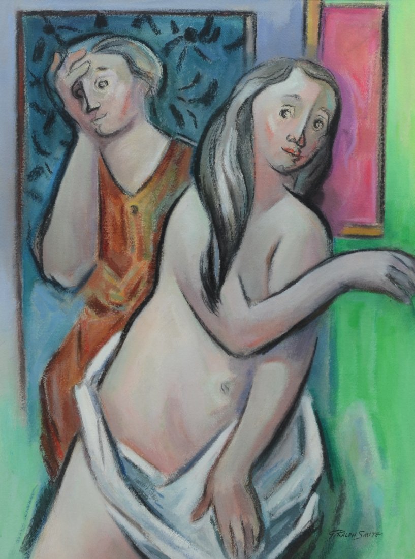 G Ralph Smith (1941 - 2010) gouache painting of female: G Ralph Smith (1941 - 2010) gouache painting of female nude "Reflexion", signed lower right, gouache mixed media, measures 28 3/4" x 21 1/4" sight in a 35 1/2" x 31 1/2" frame