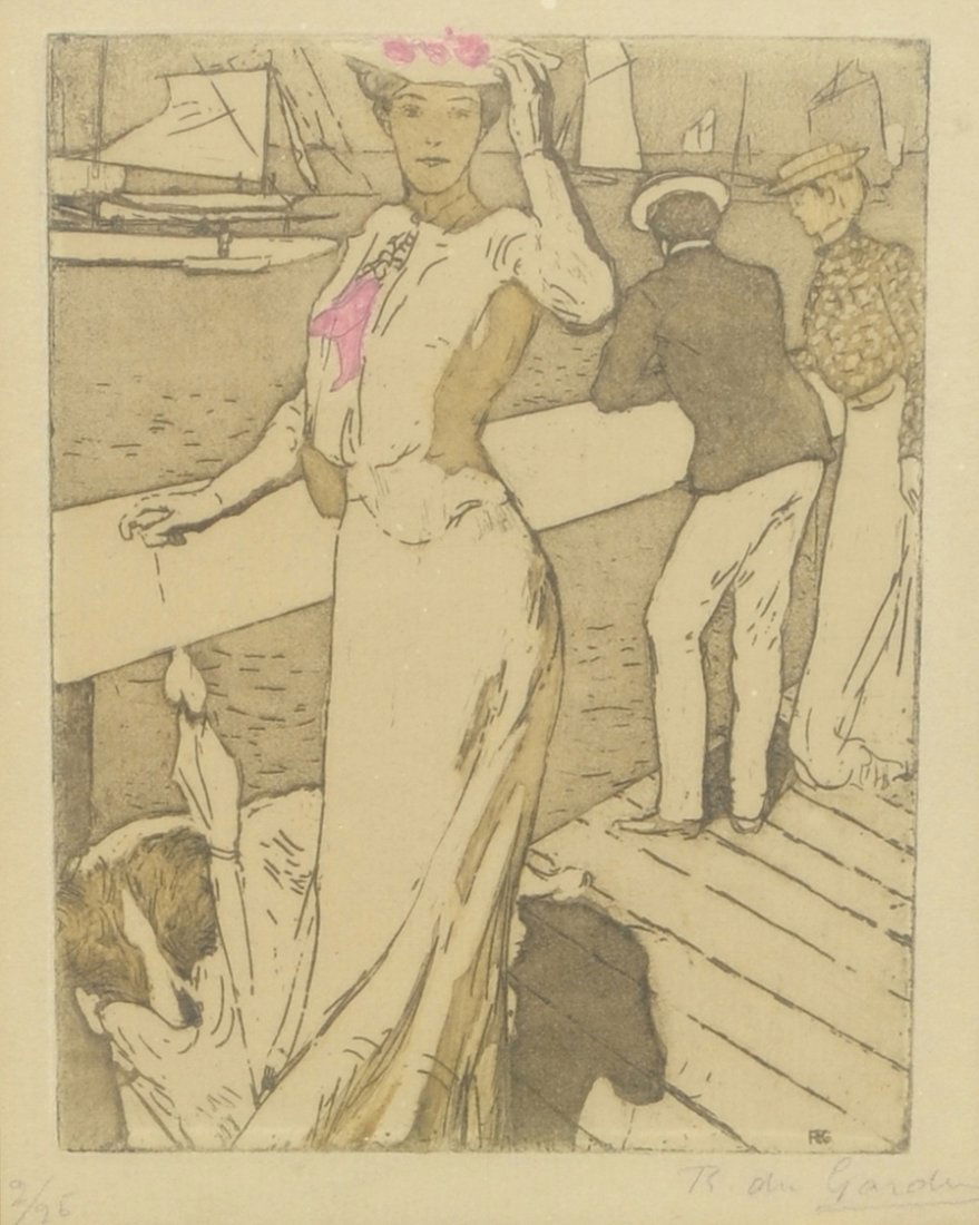 Raoul du Gardier (French, 1871-1951), Aquatint Etching: Raoul du Gardier (French, 1871-1951), Aquatint Etching of Woman at Dock, aquatint etching on paper, pencil signed "R du Gardier" lower right, numbered 2/95, 4 1/2" x 5 7/8" image size in a 15 3/8" x 1