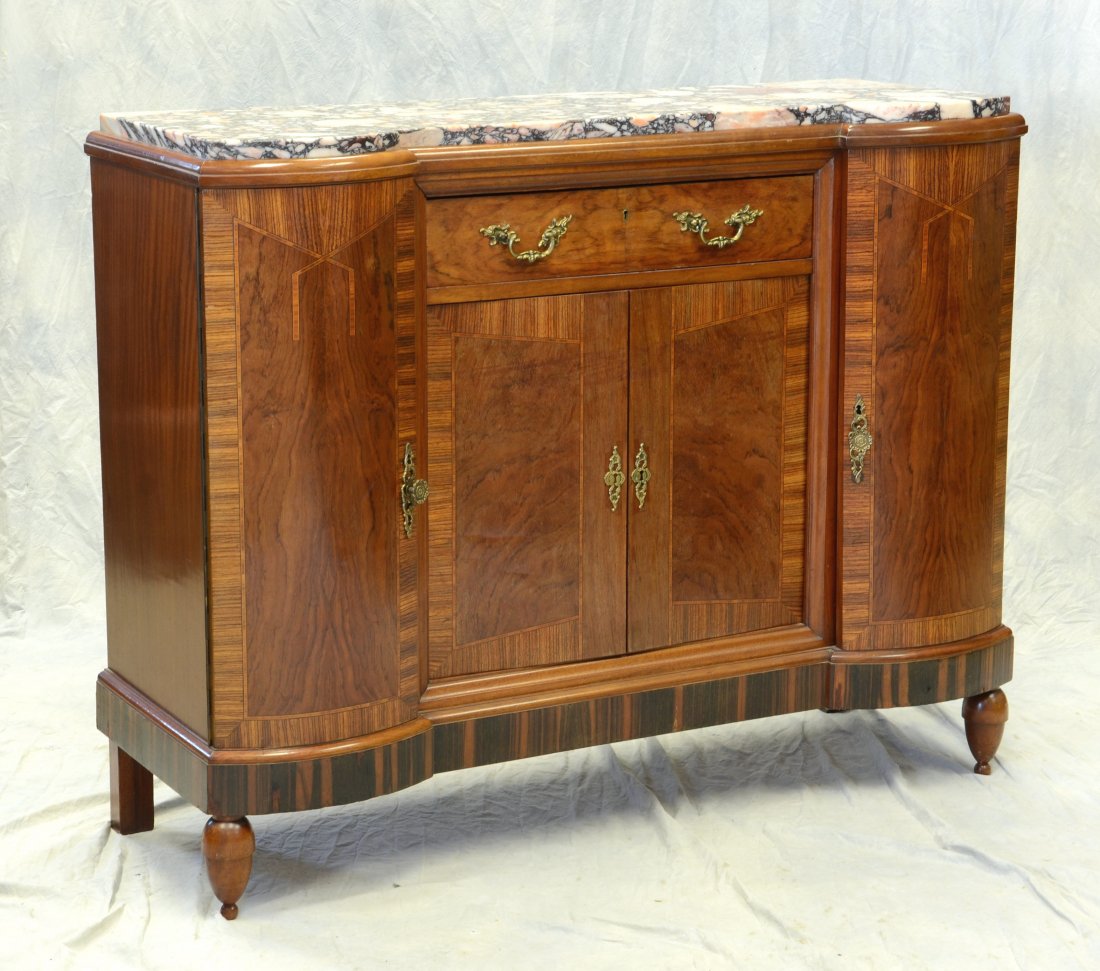 French inlaid art noveau pink marble top sideboard with: French inlaid art noveau pink marble top sideboard with rosewood inlay, 41" h, 18-1/2" d, 52" w