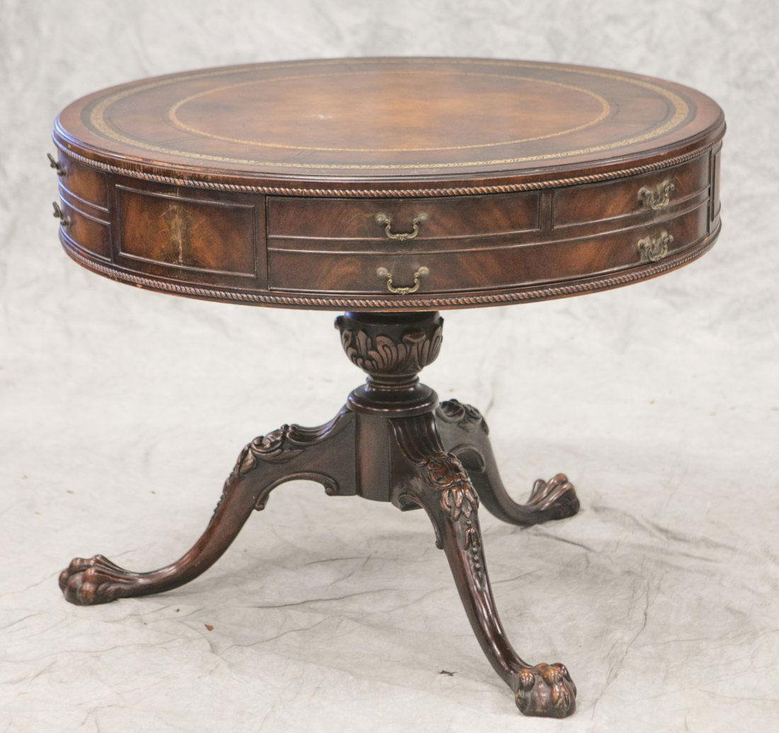 Leather Top Drum Table with carved pedestal base, one (1 of 5)