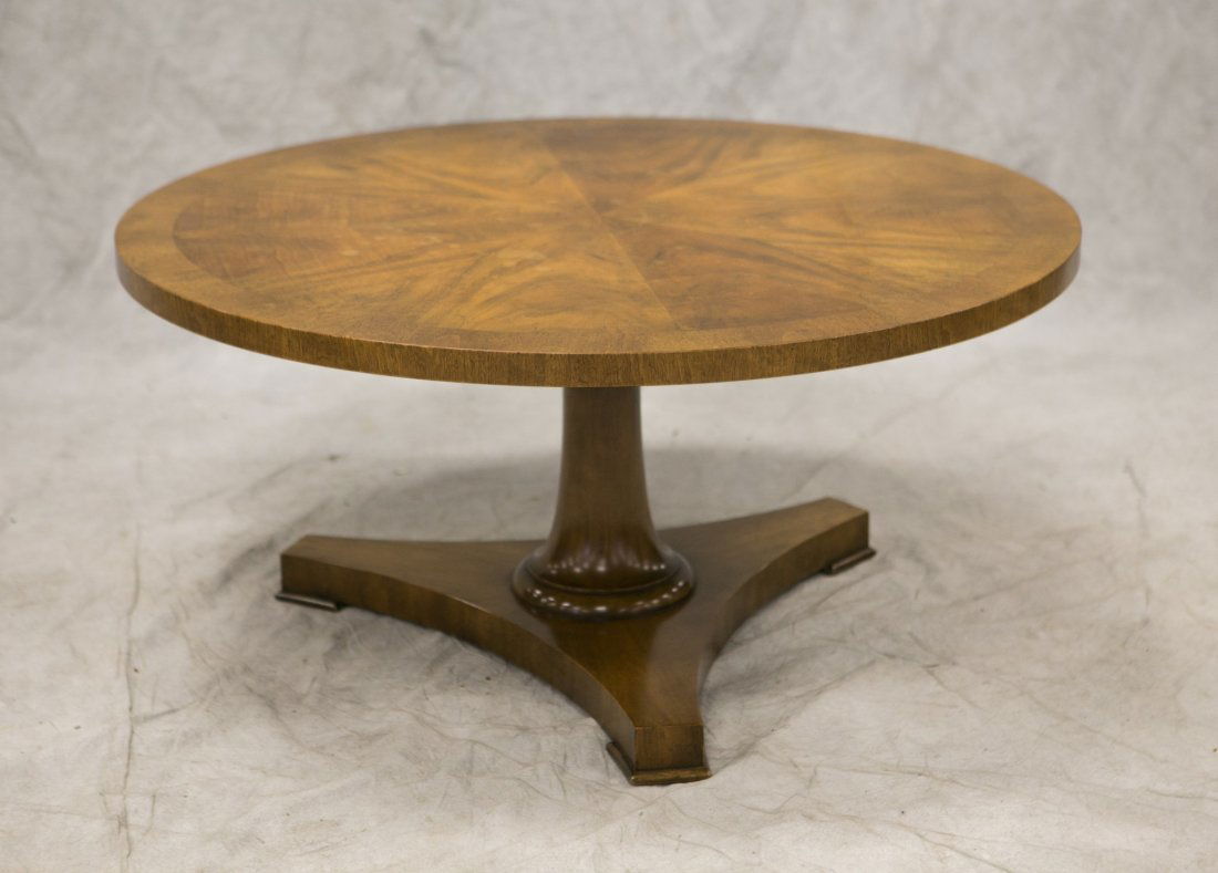 Baker figured walnut round cocktail table, pedestal (1 of 4)
