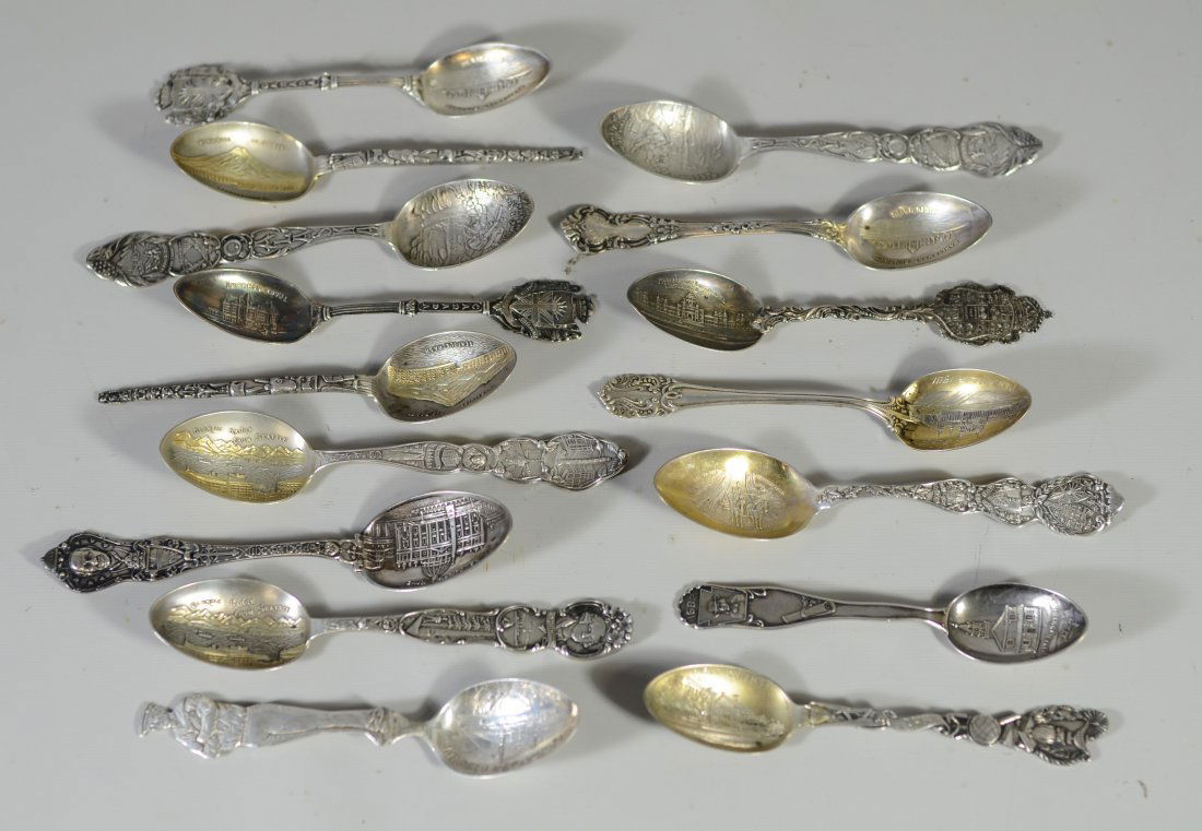 (16) ornate full size sterling silver souvenir spoons, (1 of 3)