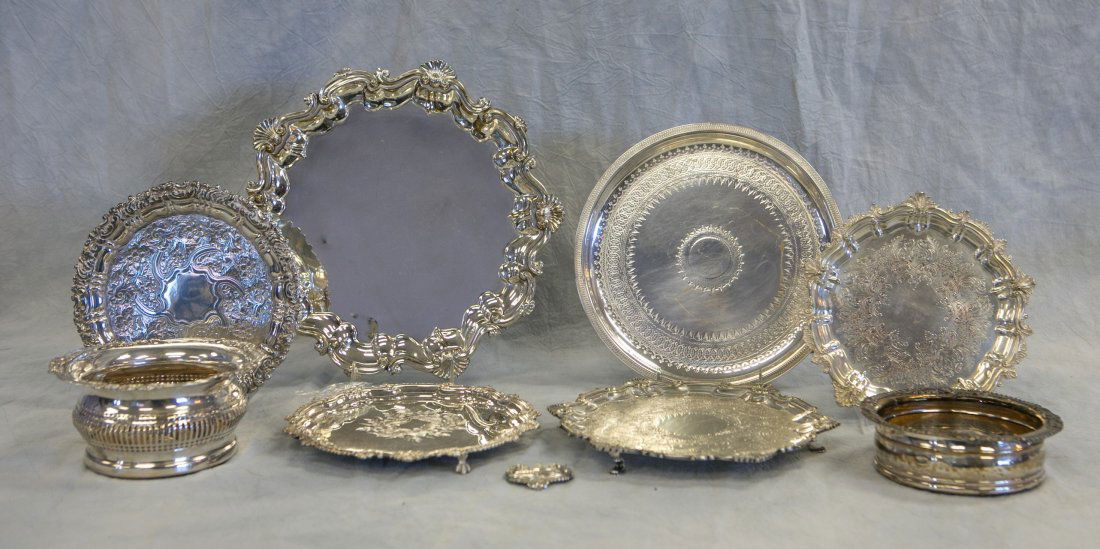 (6) plated silver salvers/trays, largest 12" d; with 2 (1 of 9)