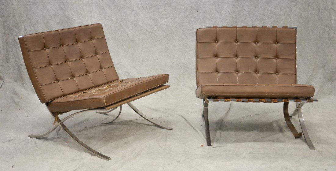 Pr olive leather upholstered Barcelona lounge chairs by (1 of 6)