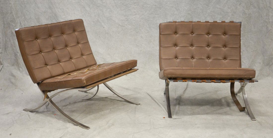 Pr olive leather upholstered Barcelona lounge chairs by (1 of 1)