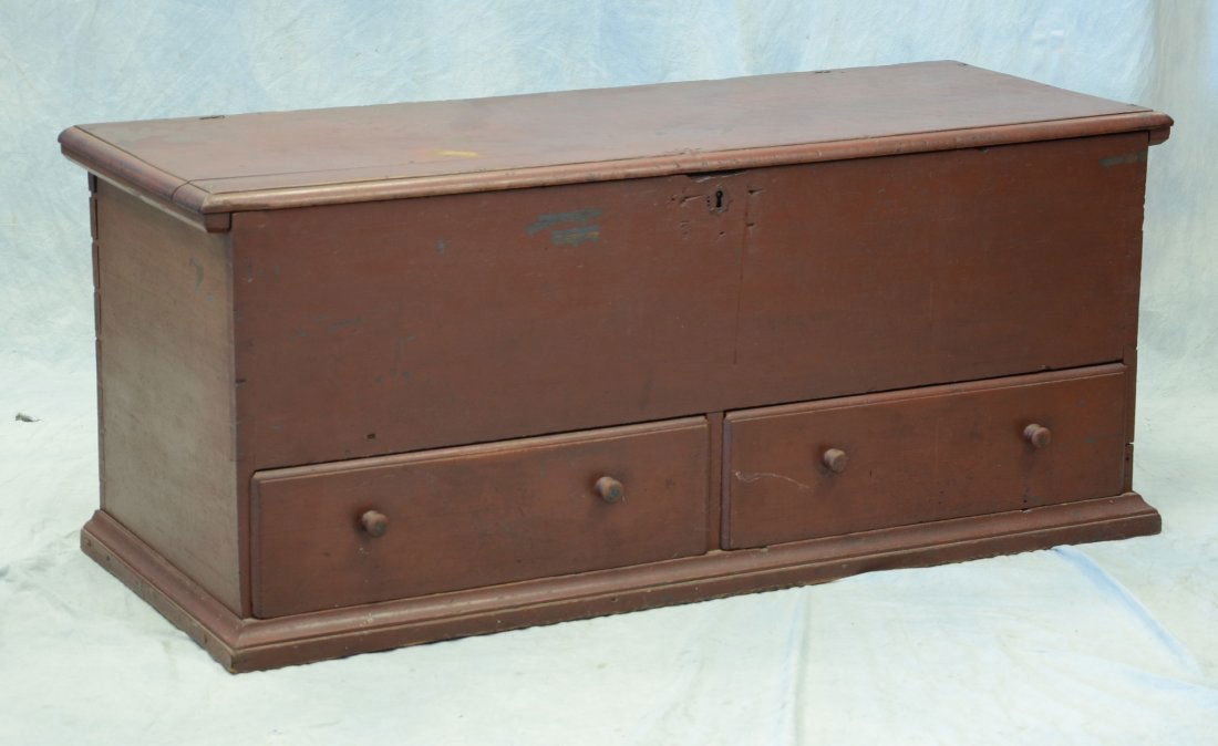 Red painted blanket chest with 2 drawers and a till, (1 of 9)