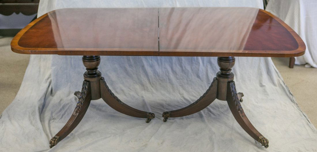 Banded mahogany Kittinger double pedestal DR table with (1 of 3)