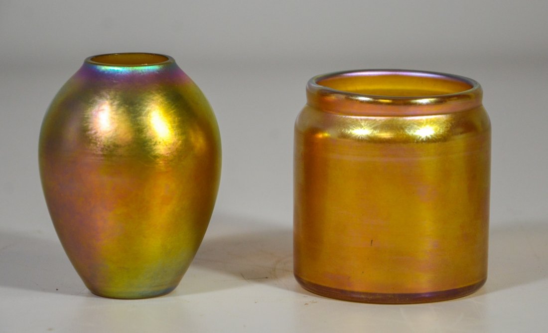 (2) small signed Quezal vases, tallest 3 1/2" (1 of 4)