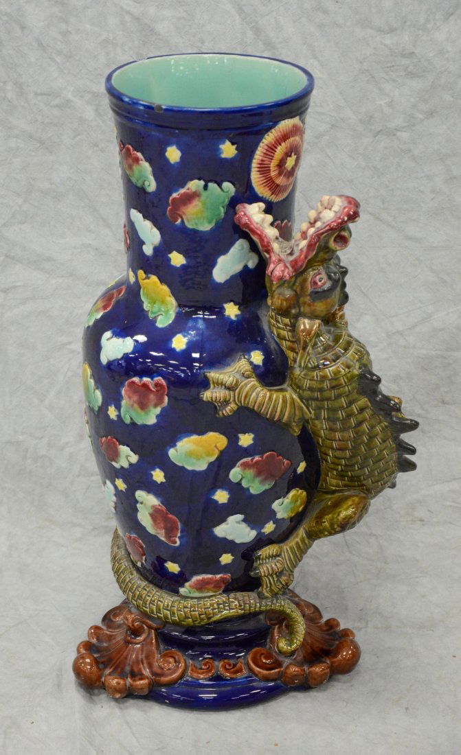 Majolica dragon pursuing pearl floor vase, probably (1 of 8)