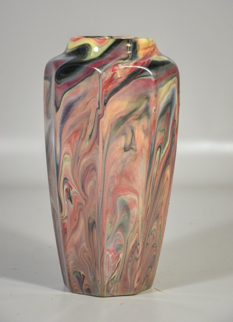 Octagonal marblized Weller vase, emerald green and (1 of 6)