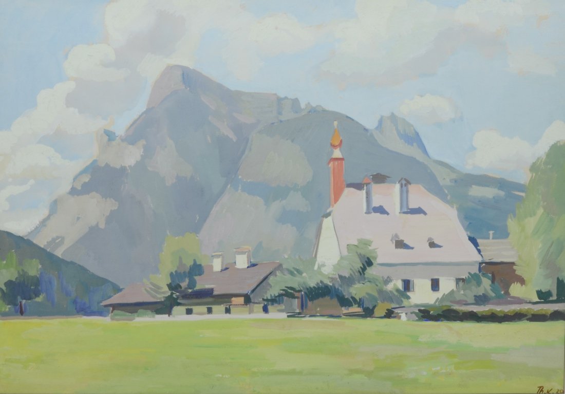 European Impressionist gouache landscape painting, (1 of 3)