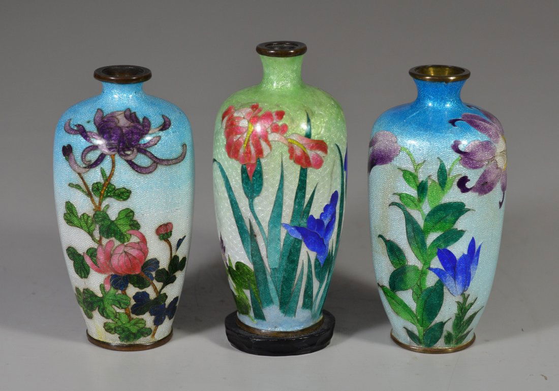 Three (3) Japanese Ginbari cloisonne vases all with (1 of 4)