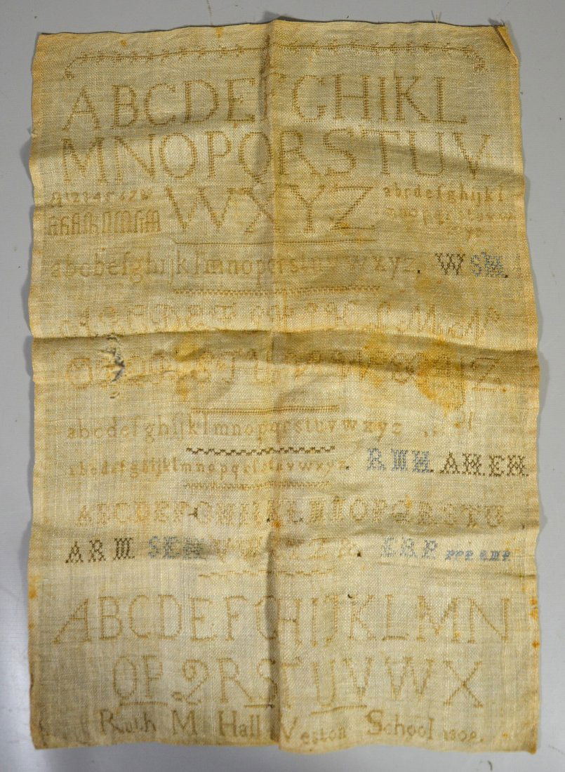 1809 Westown School alphanumeric sampler, "Ruth M Hall,: 1809 Westown School alphanumeric sampler, "Ruth M Hall, Weston School 1809 " in bottom line, with losses, 16 3/4" x 11 3/4", unframed