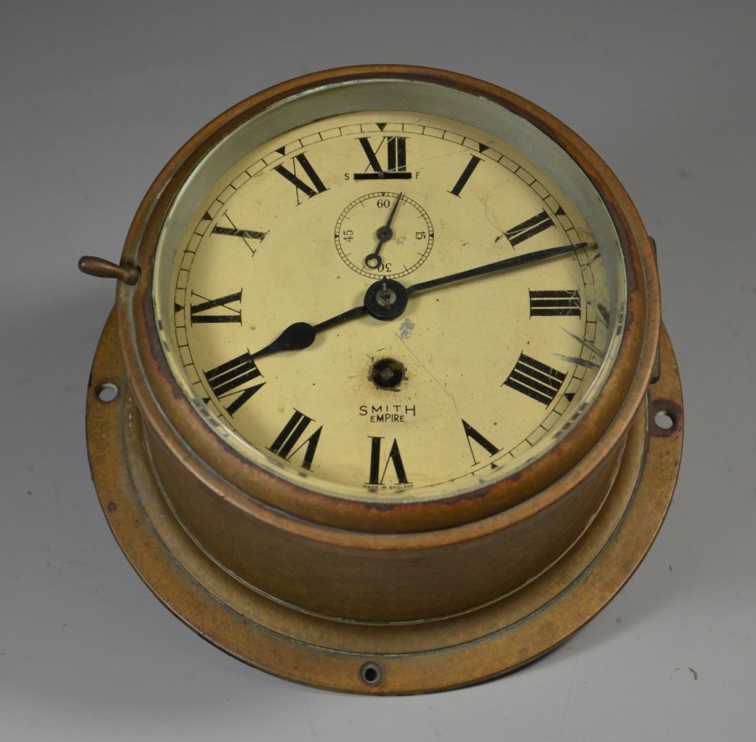 Smith Empire round brass ships clock, 6" dial, winds,