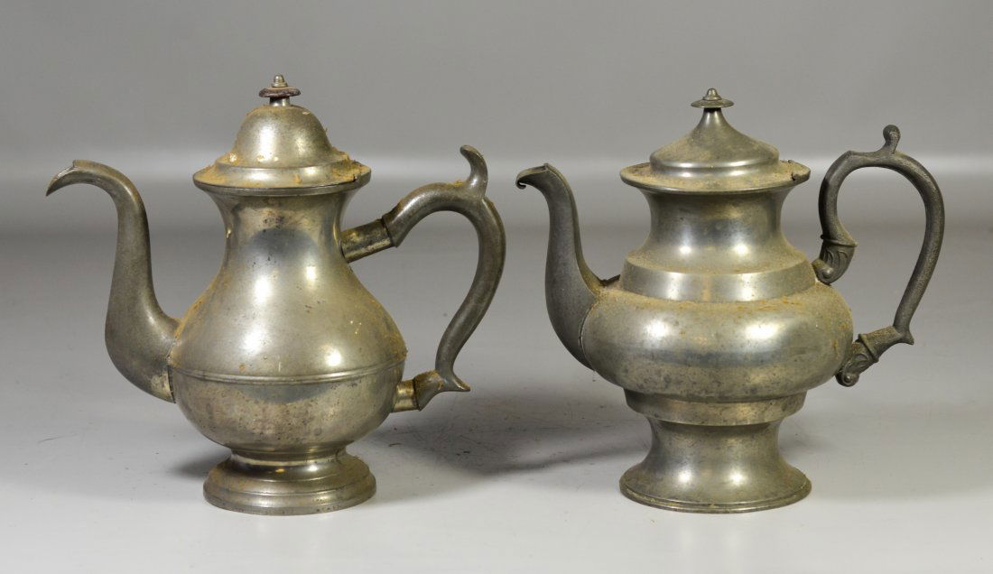 (2) 19th c pewter coffee pots, one signed Sellew & Co, (1 of 4)