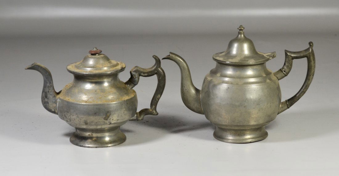 (2) 19th c pewter tea pots, one signed TD & S, for (1 of 4)