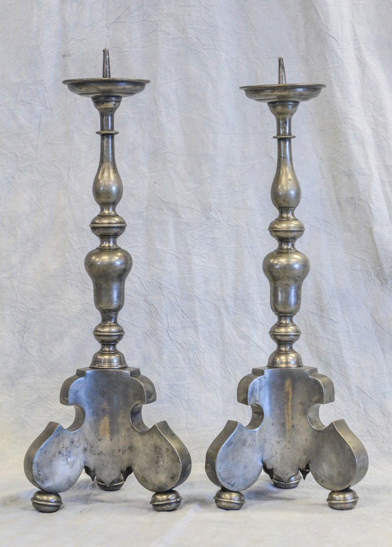 Pr 19th c pewter candle spikes, tripod bases, 20" h (1 of 1)