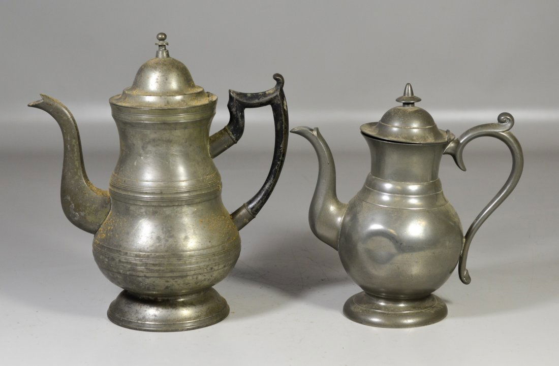 (2) 19th c pewter tea pots, one signed Roswell Gleason, (1 of 5)