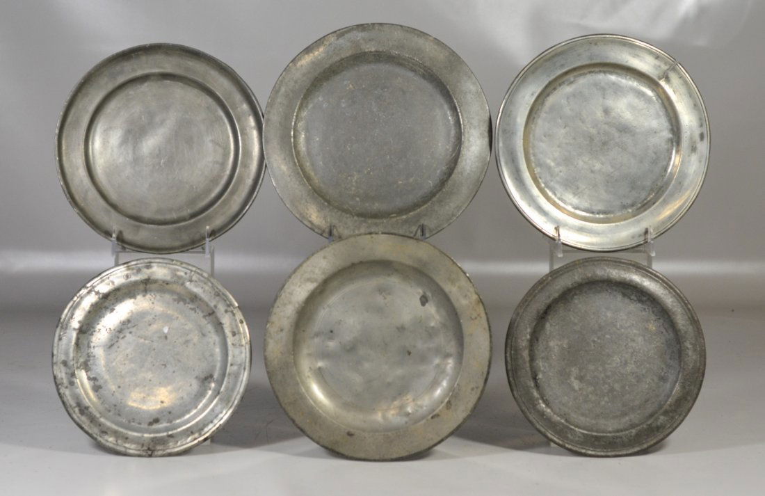 (6) asst'd pewter plates, largest 9 1/4", smallest 8", (1 of 3)