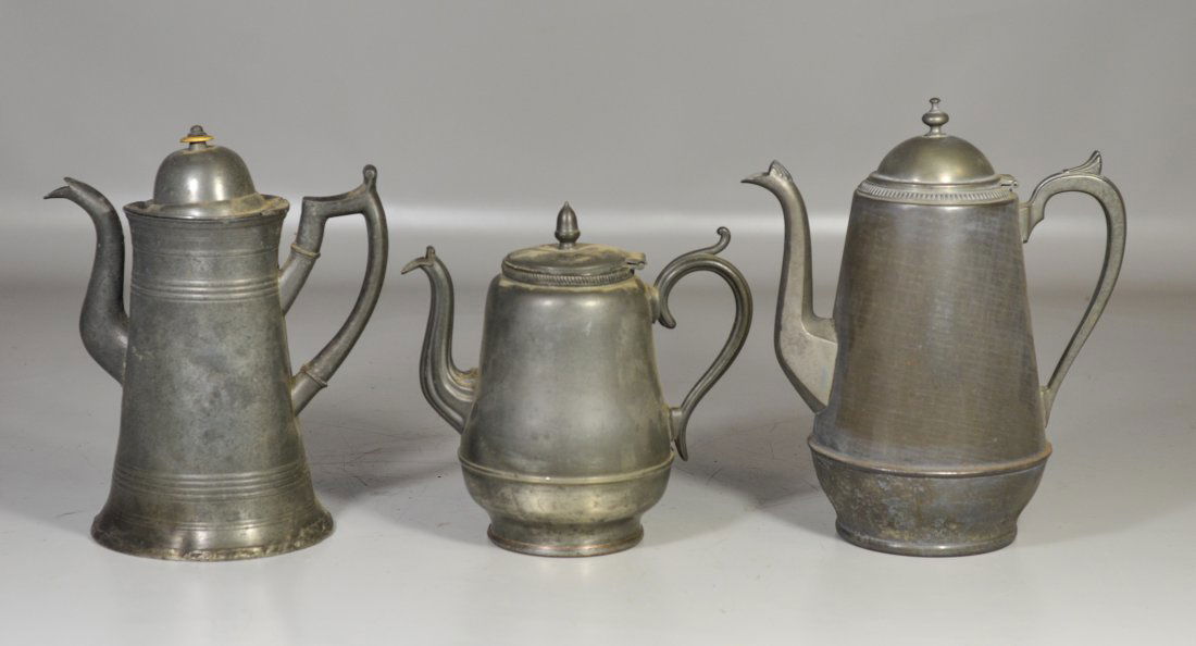(2) tin and one pewter coffee pot, some dents, 11" (1 of 4)