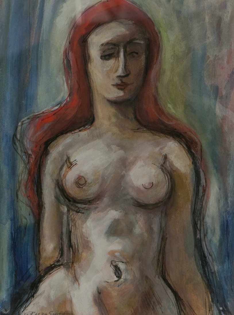 G Ralph Smith, American 20th c, watercolor of a female: G Ralph Smith, American 20th c, watercolor of a female nude, "Lady with Red Hair", signed G Ralph Smith, gouache watercolor on paper, sight size 18" x 13 1/2", in a 23 3/4" x 19 3/4" frame, very good 