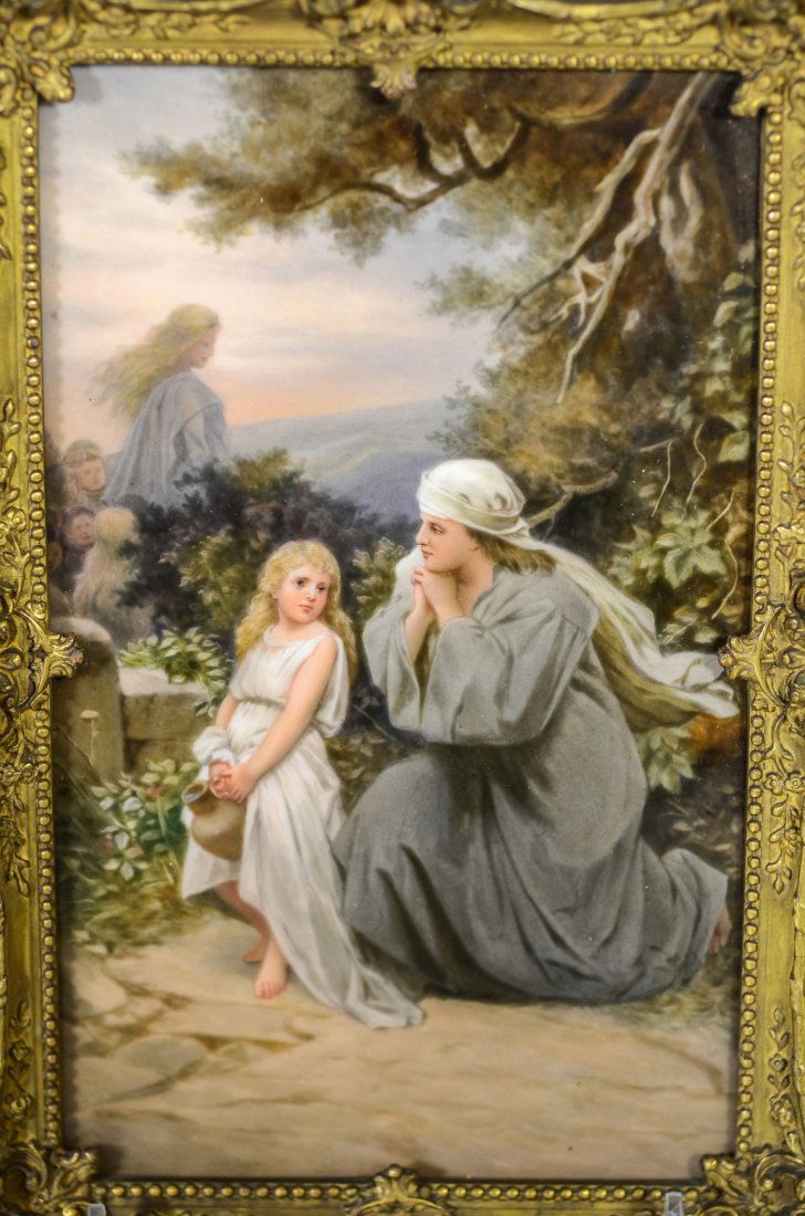 Marked KPM plaque of mother and child in giltwood: Marked KPM plaque of mother and child in giltwood frame, 9" h x 6" w