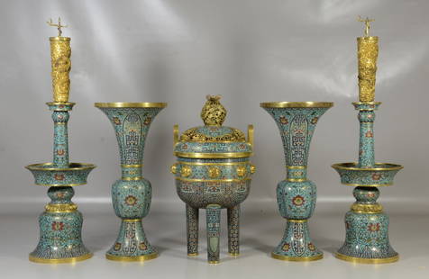 Five (5) piece Chinese cloisonne garniture set to: Five (5) piece Chinese cloisonne garniture set to include a pair of candlesticks, pair of beaker vases and an incense burner with gilt bronze trim, all with gilt bronze marks to base, tallest 25" tall