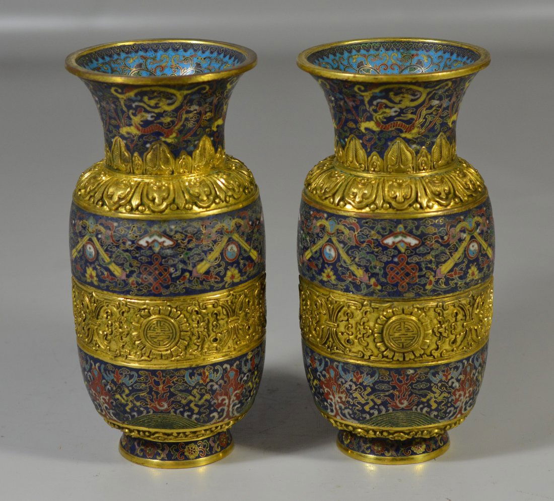 Pair of Chinese cloisonne and gilt bronze vases with 5 (1 of 9)