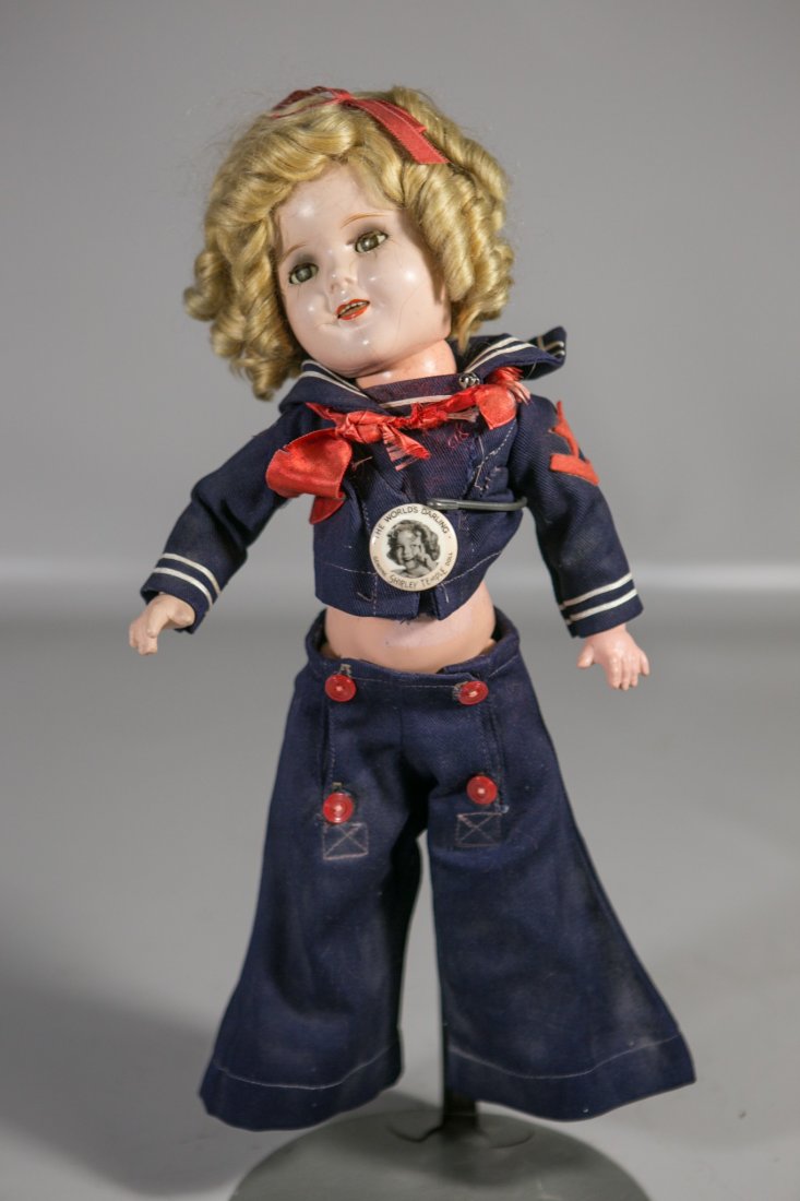 Ideal Shirley Temple composition doll, sleep eyes, open: Ideal Shirley Temple composition doll, sleep eyes, open mouth, 6 teeth, marked on neck & back "Shirley Temple", original Captain January sailor suit and "The World's Darling Genuine Shirley Temple Dol