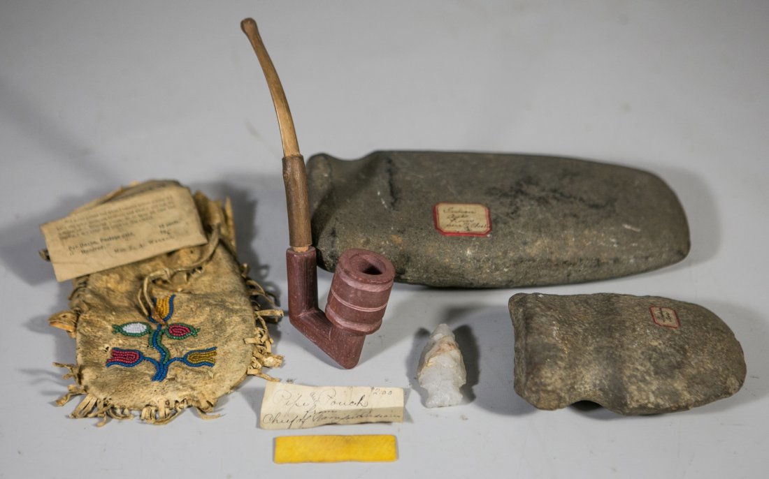 Native American clay pipe with wood stem, beaded (1 of 5)