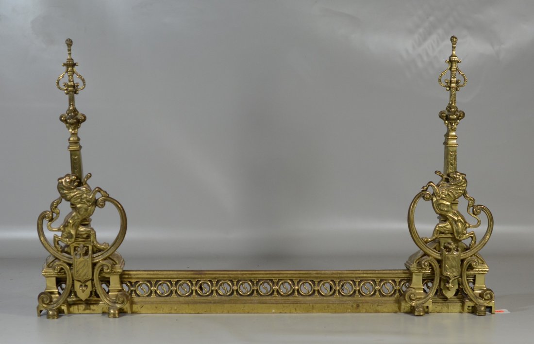 Pair antique French brass chenet: Pair antique French brass chenet, lion rampant in C scroll design, 20-3/4\" tall, with 32 3/4\" with fender