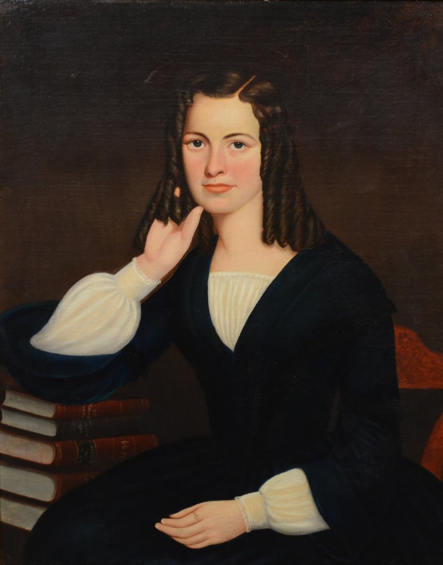 19th c portrait painting of a young lady, oil on canvas (1 of 3)