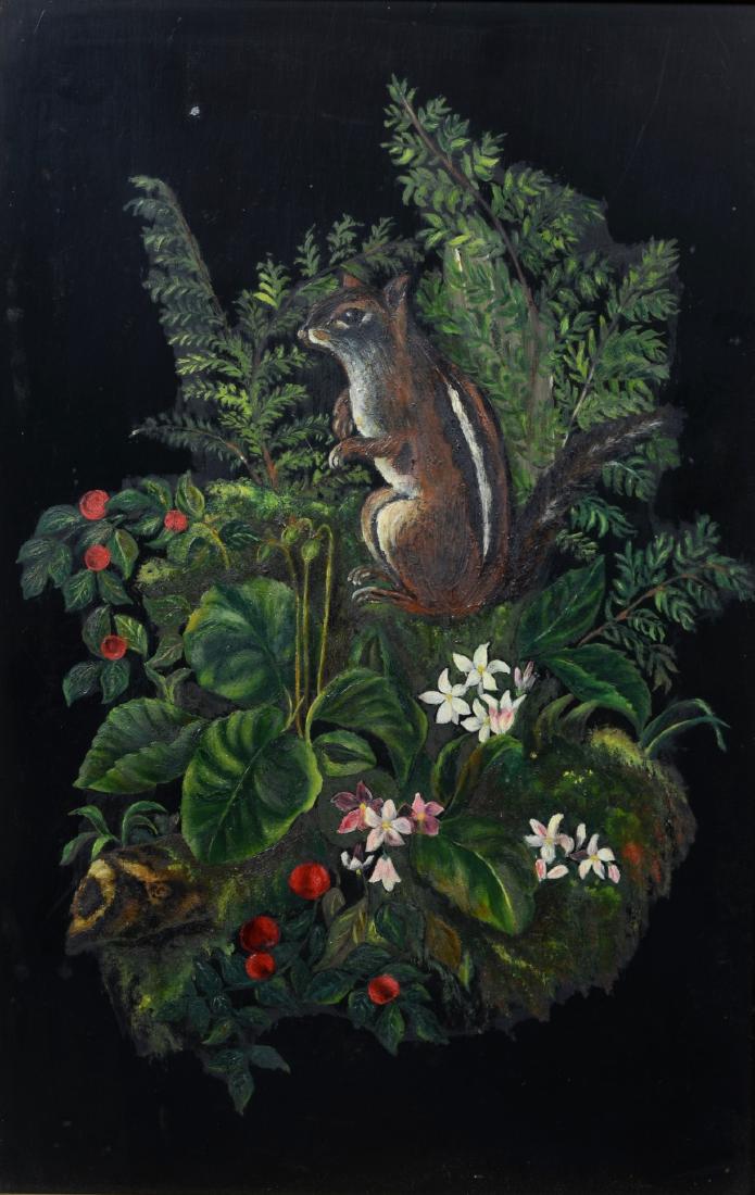 Victorian naive squirrel painting on slate, original: Victorian naive squirrel painting on slate, original gold leaf frame, sight 12" x 8", overall 15-1/4" x 11"